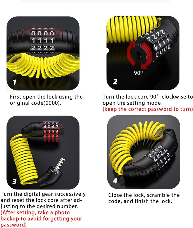 Windance 2pcs Motorcycle Helmet Lock Cable, Anti-Theft Retractable Luggage Lock with 4 Digit Password Combination Security Lock (Black+Yellow) - Image 3